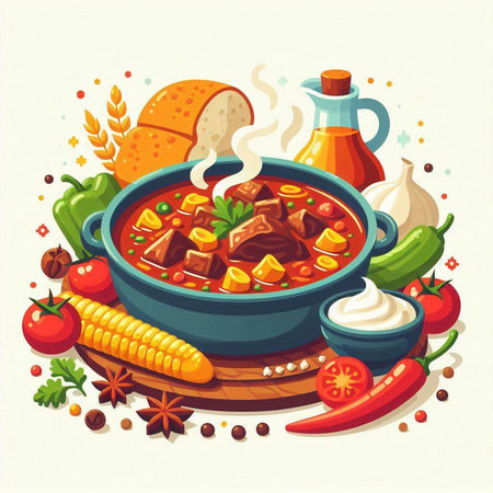 Vector illustration of a bowl of beef goulash with vegetables.のイラスト素材