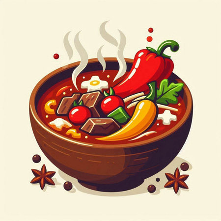 Soup with beef, vegetables and spices in a bowl. Vector illustration.のイラスト素材