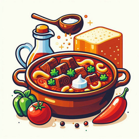 Soup with meat and vegetables. Vector illustration in retro style.のイラスト素材