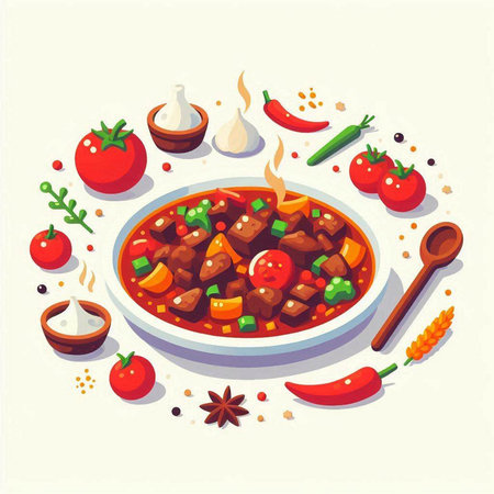 Beef stew with vegetables and spices in a plate. Vector illustrationのイラスト素材