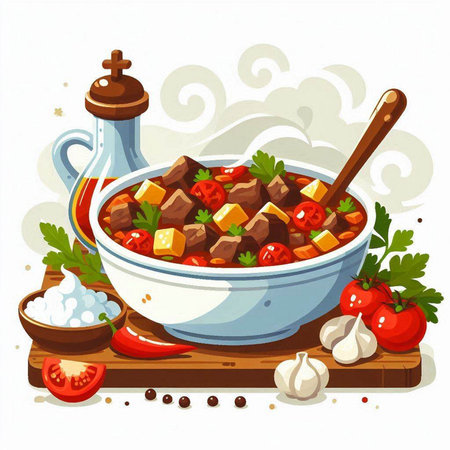 Illustration of a bowl of beef stew with vegetables and spices.のイラスト素材