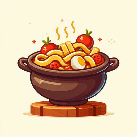 Cartoon vector illustration of bowl of pasta with tomato and onion soup.のイラスト素材