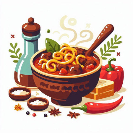 Illustration of a bowl of pasta with meat and tomato sauce.のイラスト素材