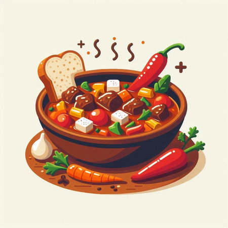 Vector illustration of a bowl of vegetable stew with tofu and vegetables.のイラスト素材