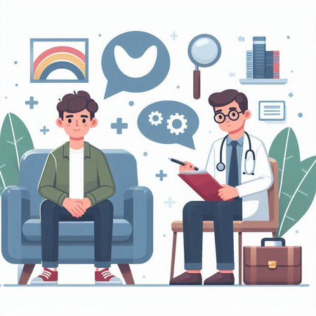 Doctor and patient in office. Vector illustration in flat cartoon style.のイラスト素材
