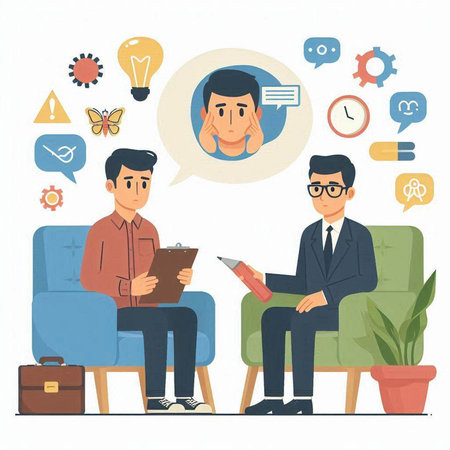 Psychotherapy concept. Psychotherapist consulting patient. Vector illustration in flat styleのイラスト素材