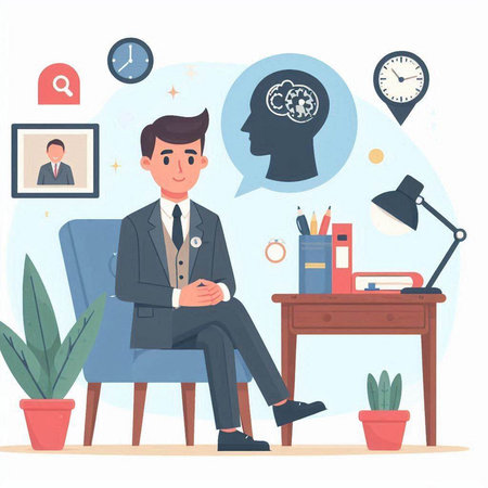 Businessman sitting at desk in office. Flat style vector illustration.のイラスト素材