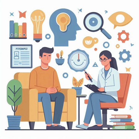 Psychotherapist working with patient. Mental health concept. Flat vector illustrationのイラスト素材