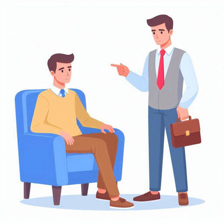 Psychotherapist or psychotherapist talking to a young man. Psychotherapy and therapy concept. Vector illustration in cartoon styleのイラスト素材