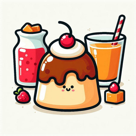 Vector illustration of a set of sweet desserts. Cake, pudding, cupcake, strawberry, cherry.のイラスト素材