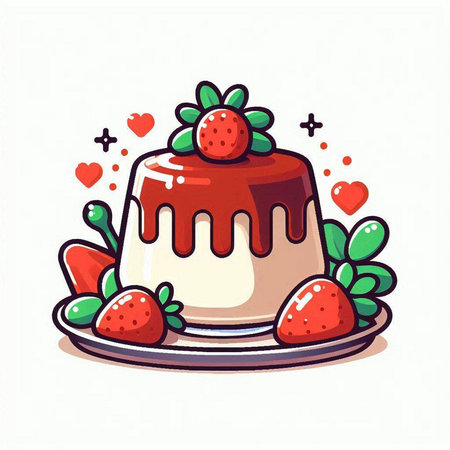 Cake with strawberries on a plate. Hand drawn vector illustration.のイラスト素材