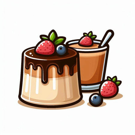 Chocolate pudding with fresh berries on white background. Vector illustration.のイラスト素材