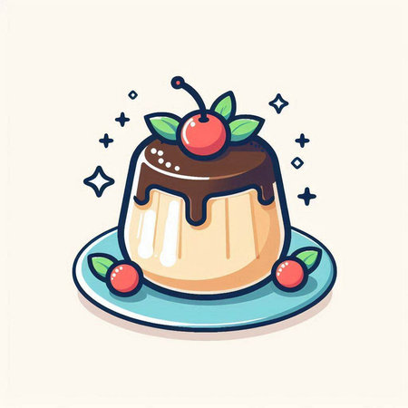 Chocolate pudding with cherries. Vector illustration in cartoon style.のイラスト素材