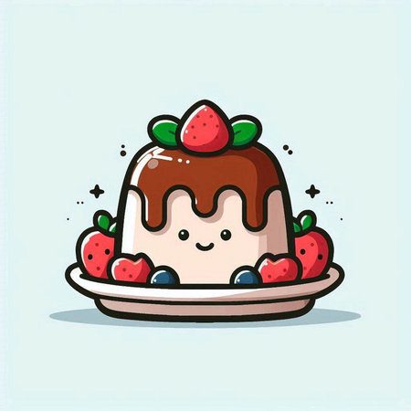 Cute cartoon vector illustration of chocolate panna cotta with strawberry.のイラスト素材