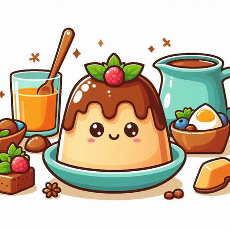 Illustration of a Cute Pudding with a Cup of Coffeeのイラスト素材