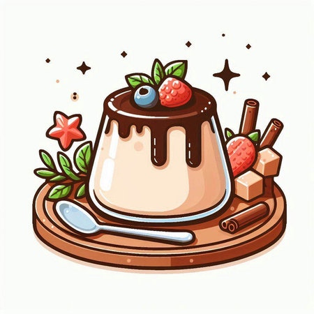 Chocolate panna cotta with berries and mint. Vector illustration.のイラスト素材