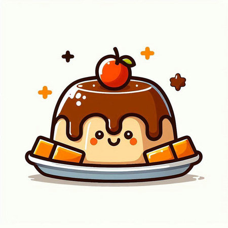 Cute cartoon panna cotta dessert with chocolate and cherry. Vector illustration.のイラスト素材