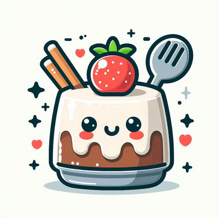 Cute vector illustration of a chocolate cake with strawberry and spoon.のイラスト素材