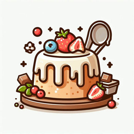 Cake with berries and spoon on white background. Vector illustration.のイラスト素材