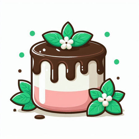 Illustration of a Chocolate Cake with Mint Leaves on a White Backgroundのイラスト素材