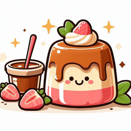 Illustration of a Cute Strawberry Pudding with a Cup of Coffeeのイラスト素材