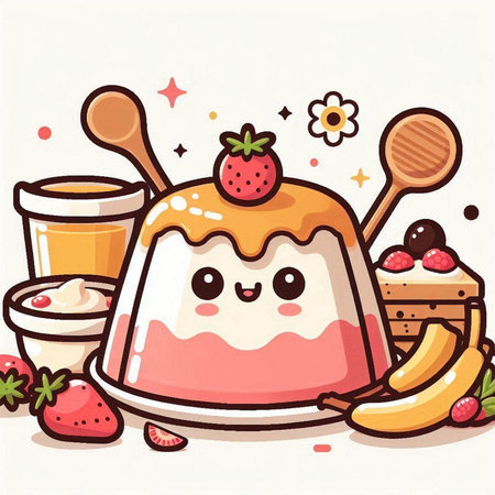 Illustration of Cute Pudding with Strawberries, Banana and Honeyのイラスト素材