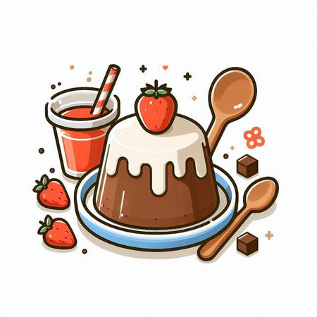 Chocolate pudding with strawberries and a cup of coffee. Vector illustration.のイラスト素材