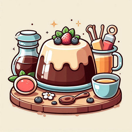 Chocolate pudding with fruit and tea. Vector illustration in cartoon style.のイラスト素材