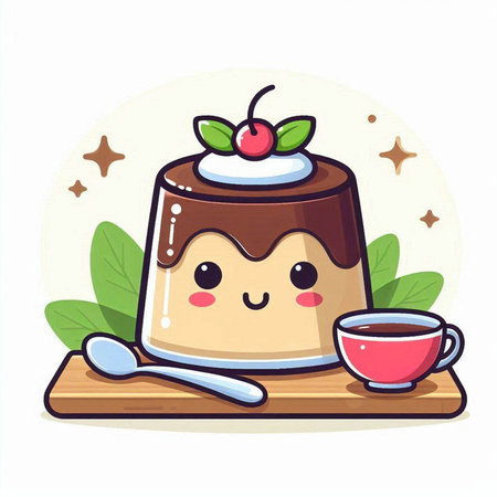 Cute cartoon panna cotta with cup of coffee, vector illustrationのイラスト素材