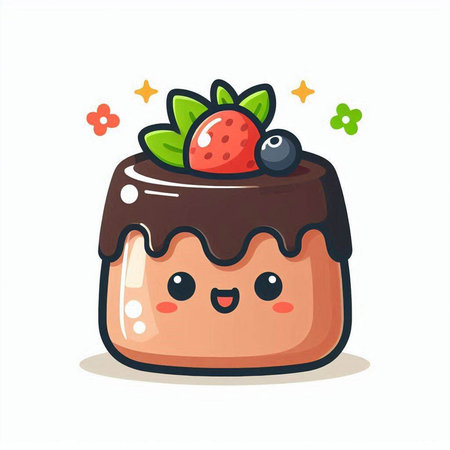 Cute chocolate panna cotta with strawberry and blueberry. Vector illustrationのイラスト素材