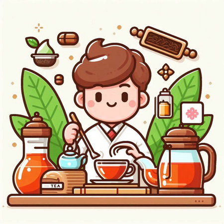 Illustration of a Man Making Tea in a Tea Shop - Vectorのイラスト素材