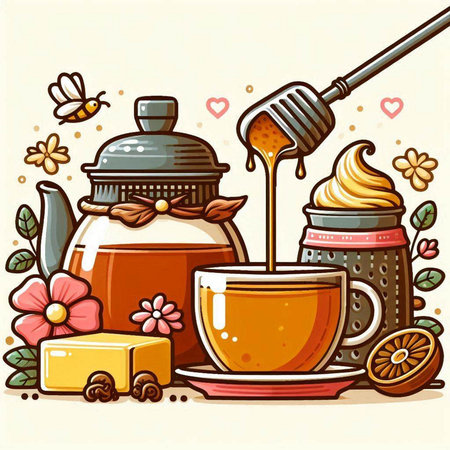 Vector illustration of a cup of tea with honey, butter and ice creamのイラスト素材