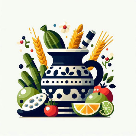 Ceramic jug with fruits and vegetables. Vector illustration in flat styleのイラスト素材