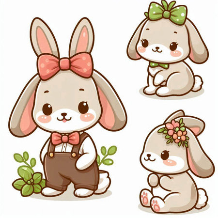 Set of cute cartoon bunny with bow and flowers. Vector illustration.のイラスト素材