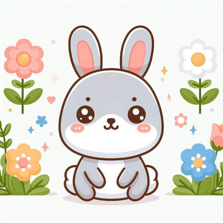 Cute cartoon bunny sitting on the flower background. Vector illustration.のイラスト素材