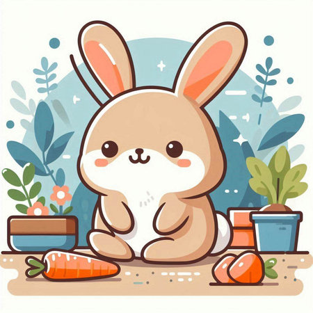 Cute rabbit sitting on the floor with carrot and plant. Vector illustration.のイラスト素材