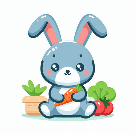 Cute rabbit sitting with carrot in its paws. Vector illustration.のイラスト素材