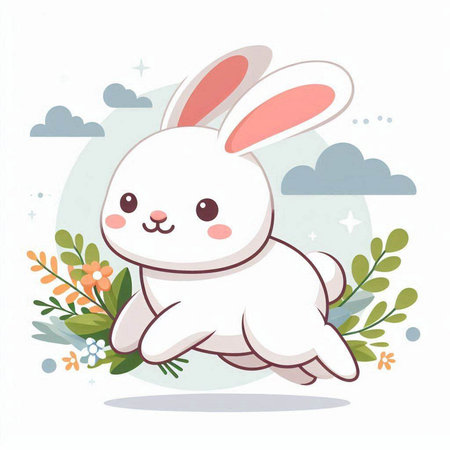 Cute cartoon rabbit with flowers on white background. Vector illustration.のイラスト素材