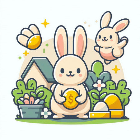 Cute cartoon bunny with eggs in the garden. Vector illustration.のイラスト素材