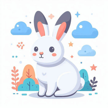 Cute white rabbit sitting in the park. Vector illustration in flat style.のイラスト素材