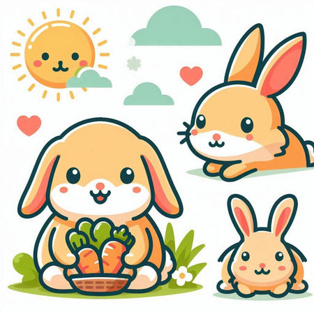 Cute Easter Bunny Vector Illustration. Collection of Cute Cartoon Rabbits.のイラスト素材