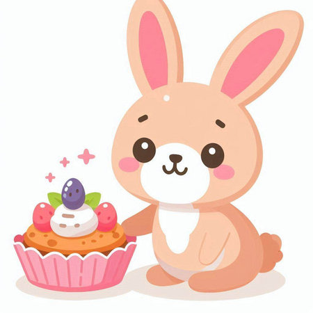 Cute bunny with cake and cupcake. Vector cartoon illustration.のイラスト素材