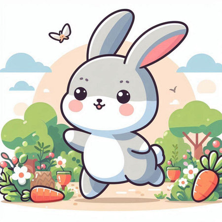 cute rabbit in the garden, vector illustration, eps10のイラスト素材