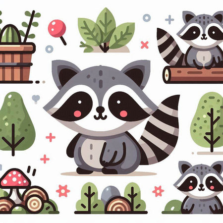 Seamless pattern with cute raccoons. Vector illustration.のイラスト素材