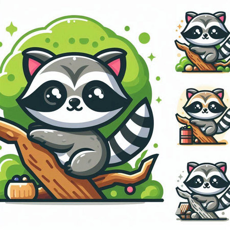 Cute raccoon cartoon character sitting on tree. Vector illustration.のイラスト素材