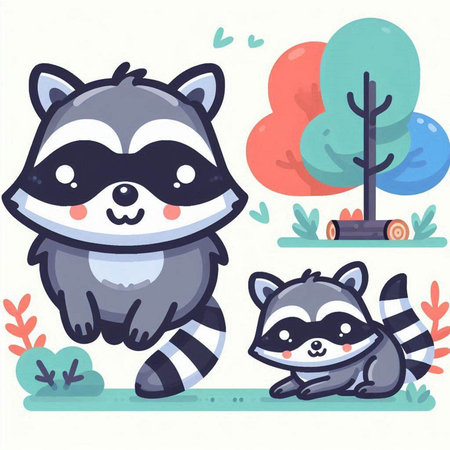 Cute cartoon raccoons in the park. Vector illustration.のイラスト素材