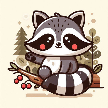 Cute raccoon with a branch in the forest. Vector illustration.のイラスト素材