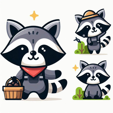 Cute raccoon cartoon character with different poses. Vector illustration.のイラスト素材
