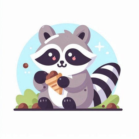 Cute raccoon eating ice cream. Vector illustration in cartoon style.のイラスト素材