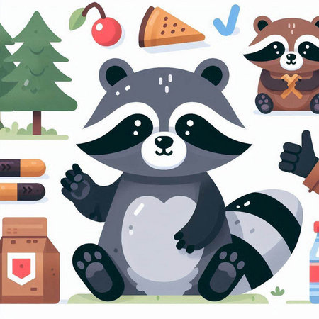 Vector illustration of a cute raccoon in a forest with food.のイラスト素材